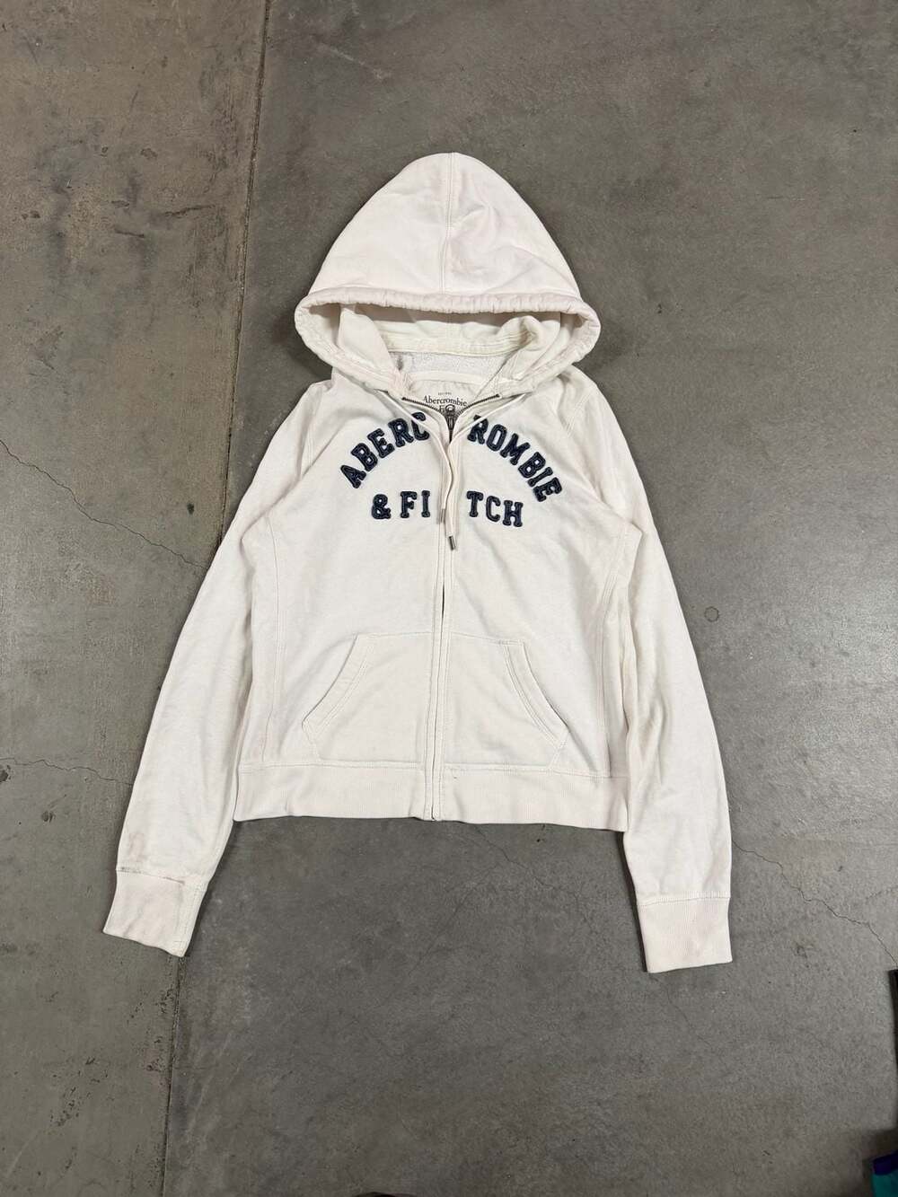 Abercrombie & Fitch Vintage Applique Logo Full Zip Hoodie Cream White Size L